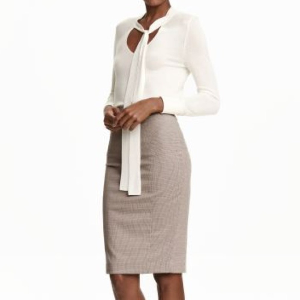Beige Checkered High Waisted Pencil Skirt